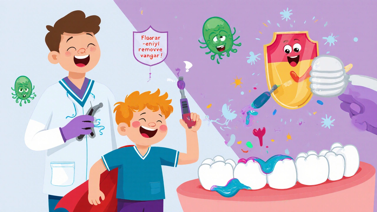 Dítě se směje, když zubař odstraňuje zubní kámen jako zlou sílu.