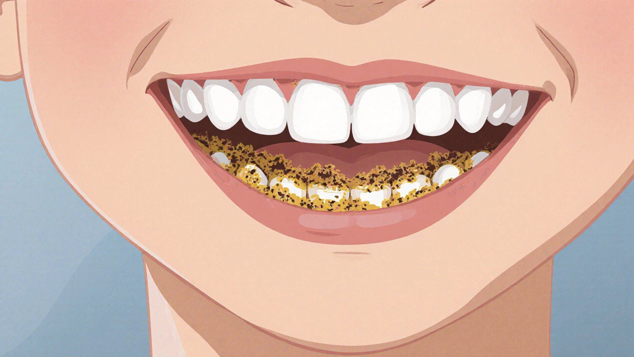 Zubní kámen na dolních řezácích zubech dítěte s náznakem plaku.