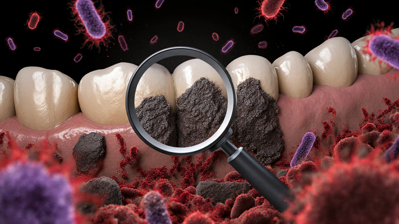 Bakterie a minerální nánosy tvořící kámen pod dásní jako skrytý zdroj infekce.