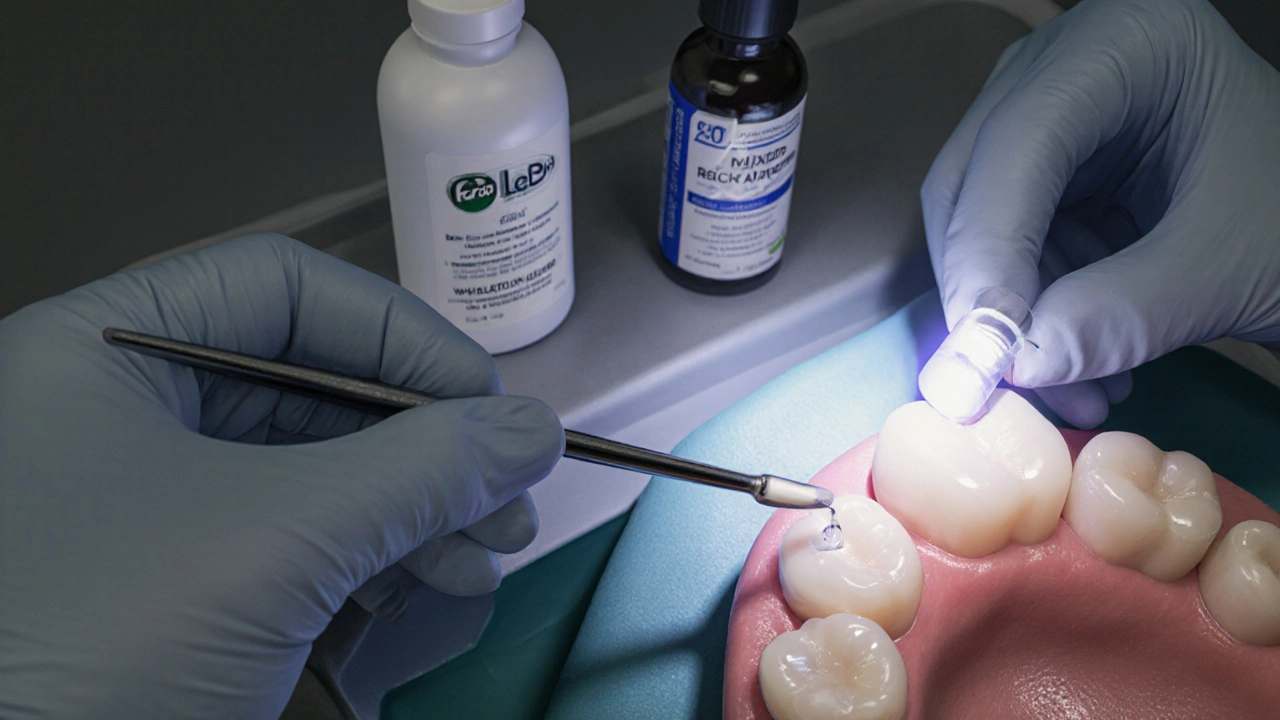 Dentista aplikuje kyselý etchant, primer a cement na zub, LED lampa svítí během cementace.