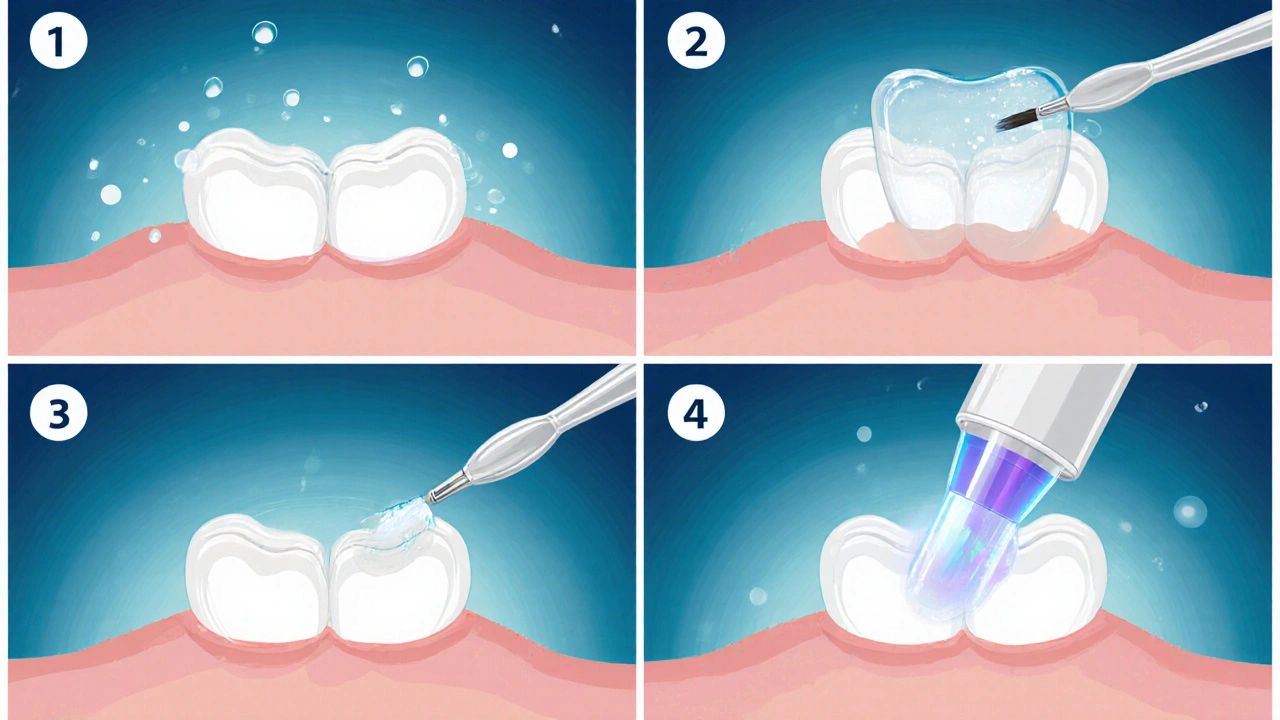 Detailní medicínská ilustrace ukazuje přípravu zubu, lepidlo a nasazení fazety s UV polymerizací.