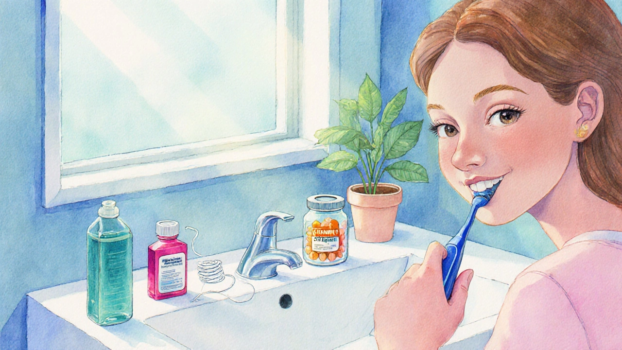 Ilustrace koupelny s ústní hygienou a doplňkem vitamínů C a zinku.