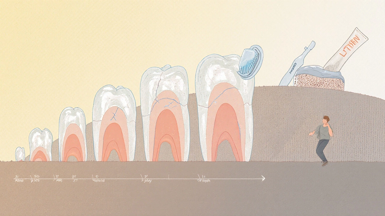 Ilustrace postupného poškozování zubní skloviny v čase