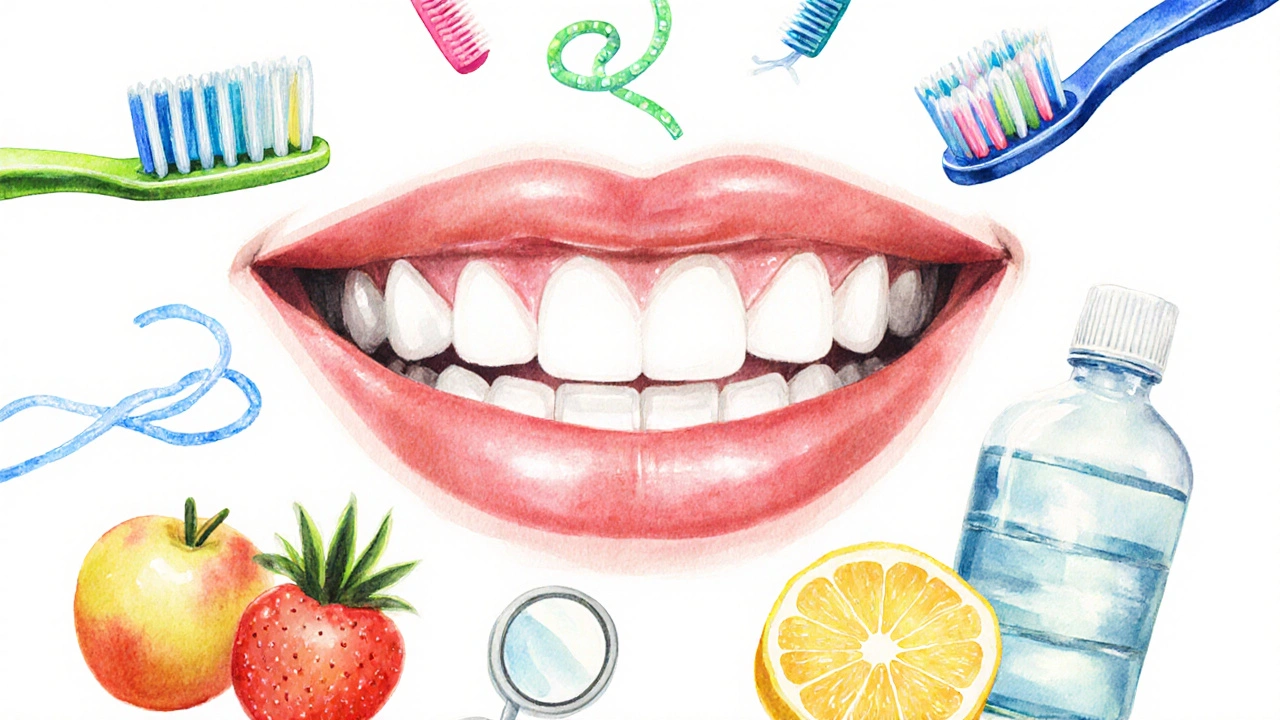 Obrázek představující preventivní péči – kartáč, nit, zubní hygiena a zdravou stravu u úsměvu.