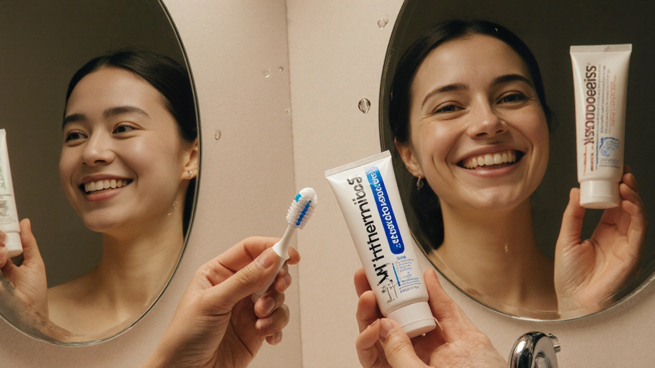 Ruka drží bělící pastu, kterou odloží, a nahradí ji fluoridovou