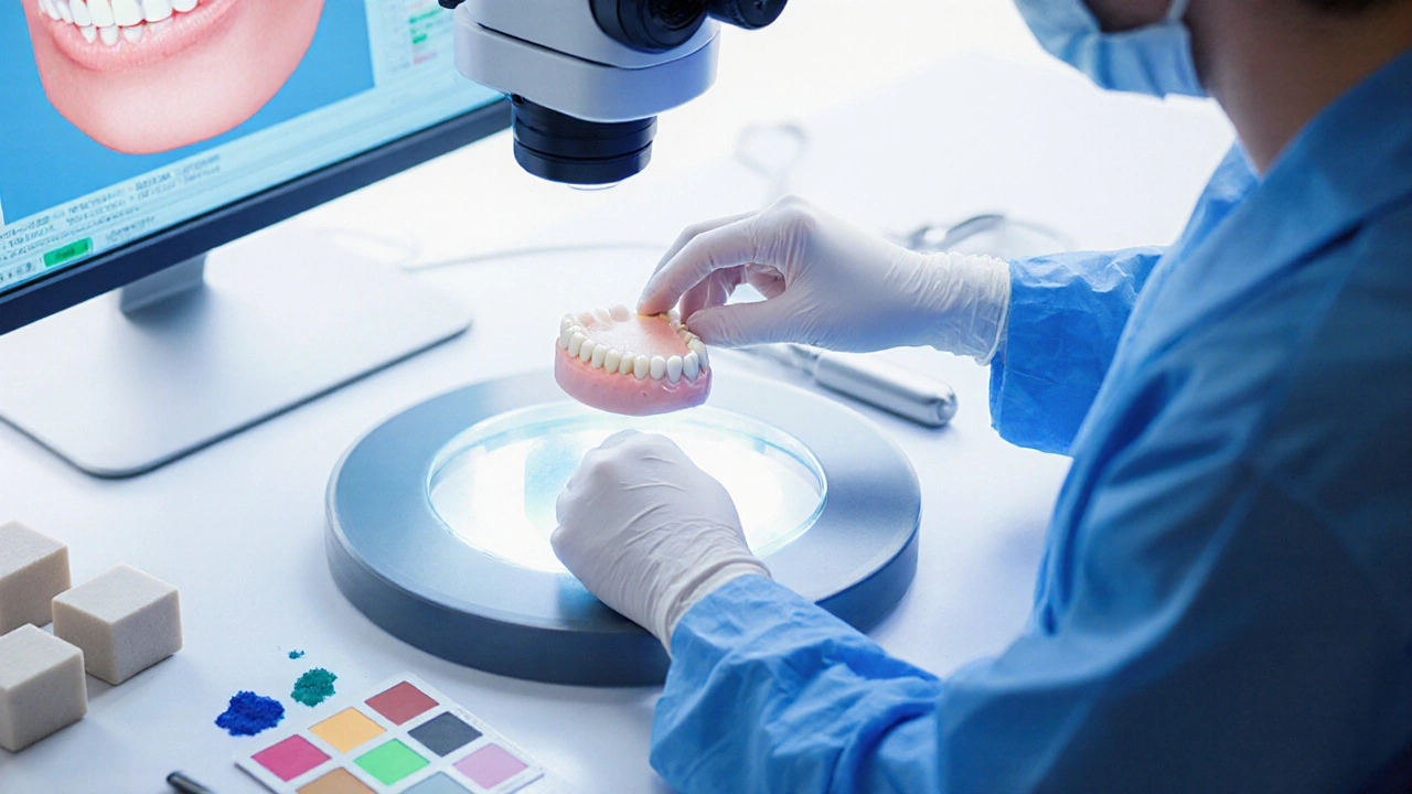 Technik v zubní laboratoři pracuje na keramické fazetě, používá digitální sken a keramický blok.