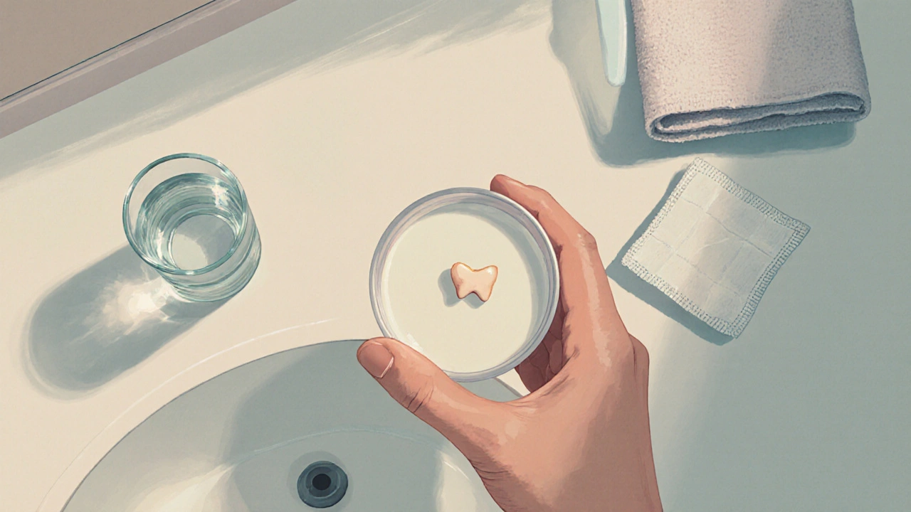 Záběr z ptačí perspektivy: úlomek zubu v mléce, gáza a vodní drezka.