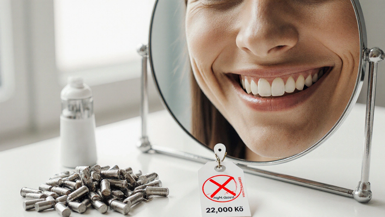 Žena se usmívá do zrcadla s novými kompozitními fazetami a náklady na výměnu.