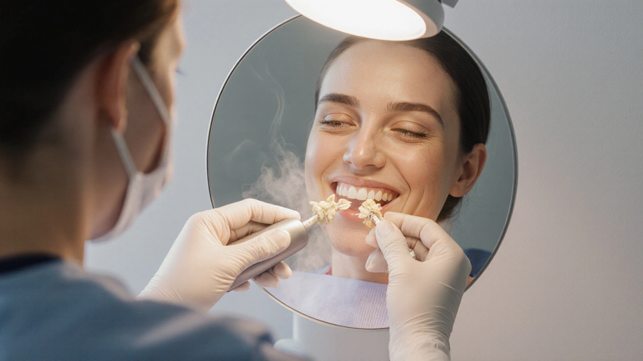 Zubní lékař provádí hluboké očištění pod dásní pomocí ultrazvukového přístroje.