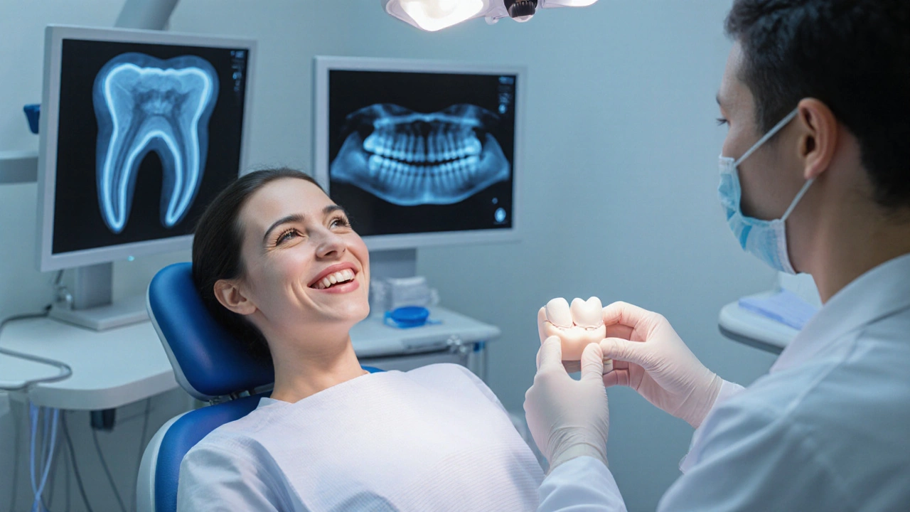 Zubní ordinace: pacient, dočasná oprava a korunka na monitoru.