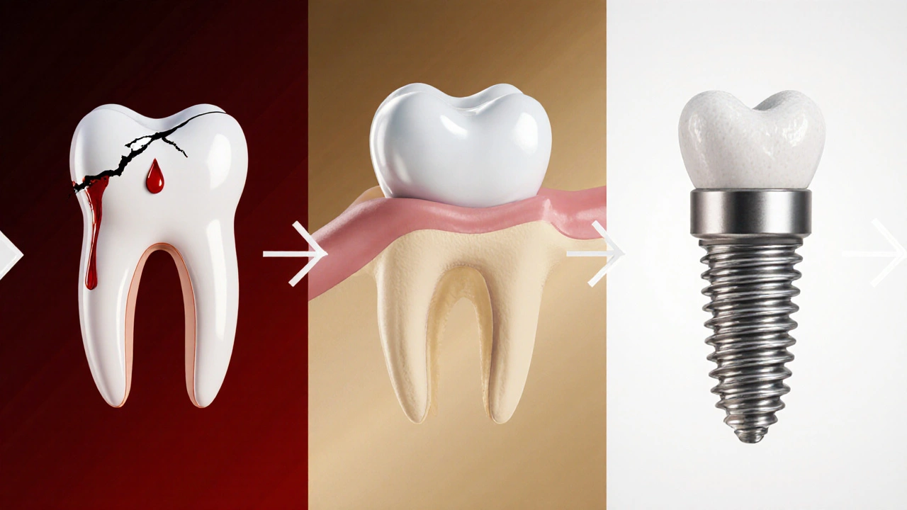 Časová osa od ulomeného zubu přes korunku až k implantátu.