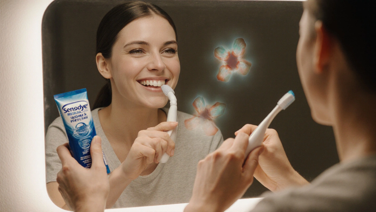 Člověk čistí zuby, v zrcadle viditelná obnova zubního skloňování a odcházející kazu.