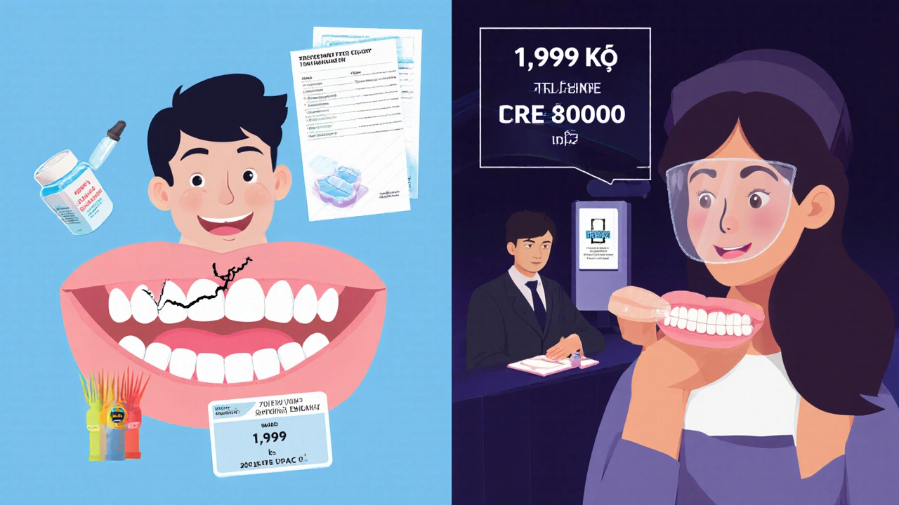 Contrast between unsafe DIY teeth whitening and professional dental treatment.