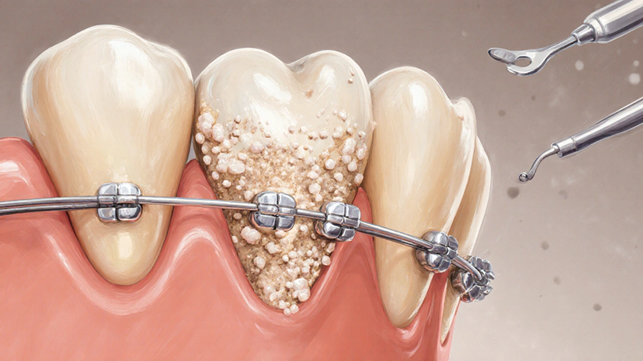 Detail zubu s plakem kolem rovnátek a prvními bílými skvrnami na sklovině.