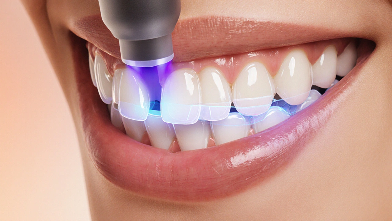 Detail zubu s tenkou keramickou fazetou, která se přilepuje pomocí UV světla.