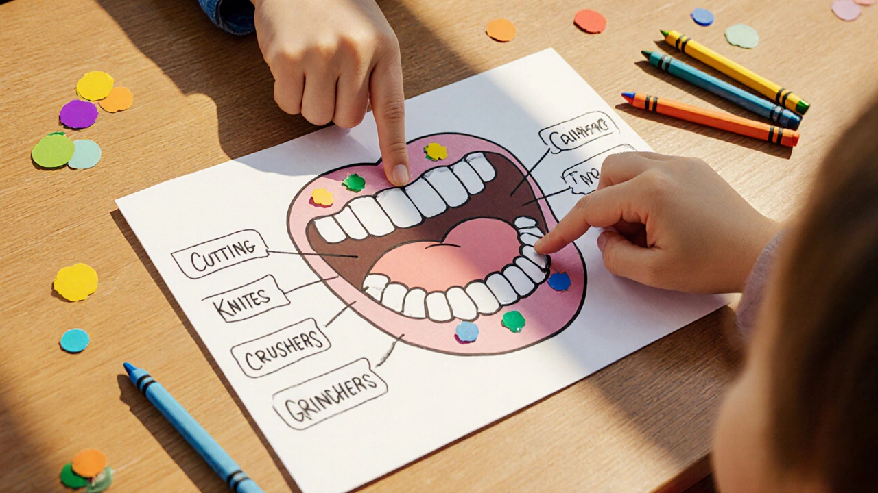 Dítě hraje hru s papírovou mapou úst a barevnými štítky označujícími zuby.
