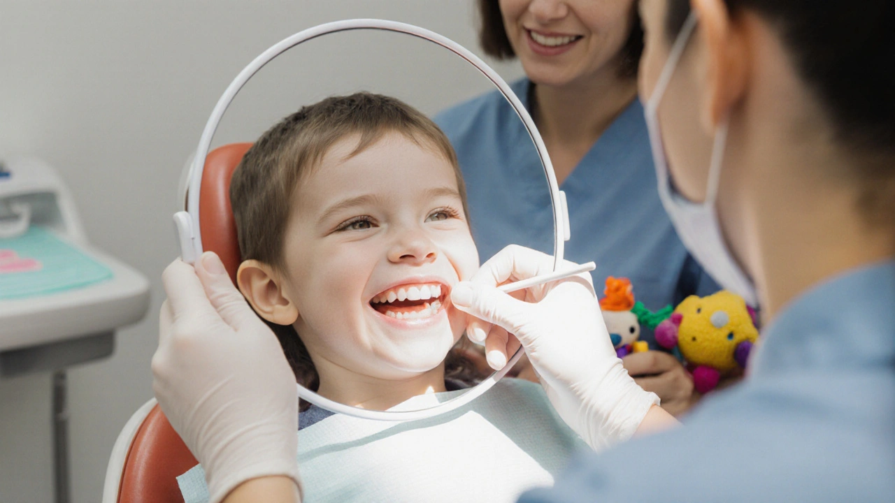 Dítě u zubaře, když mu kontrolují výměnu zubů, rodič pozoruje s úsměvem.