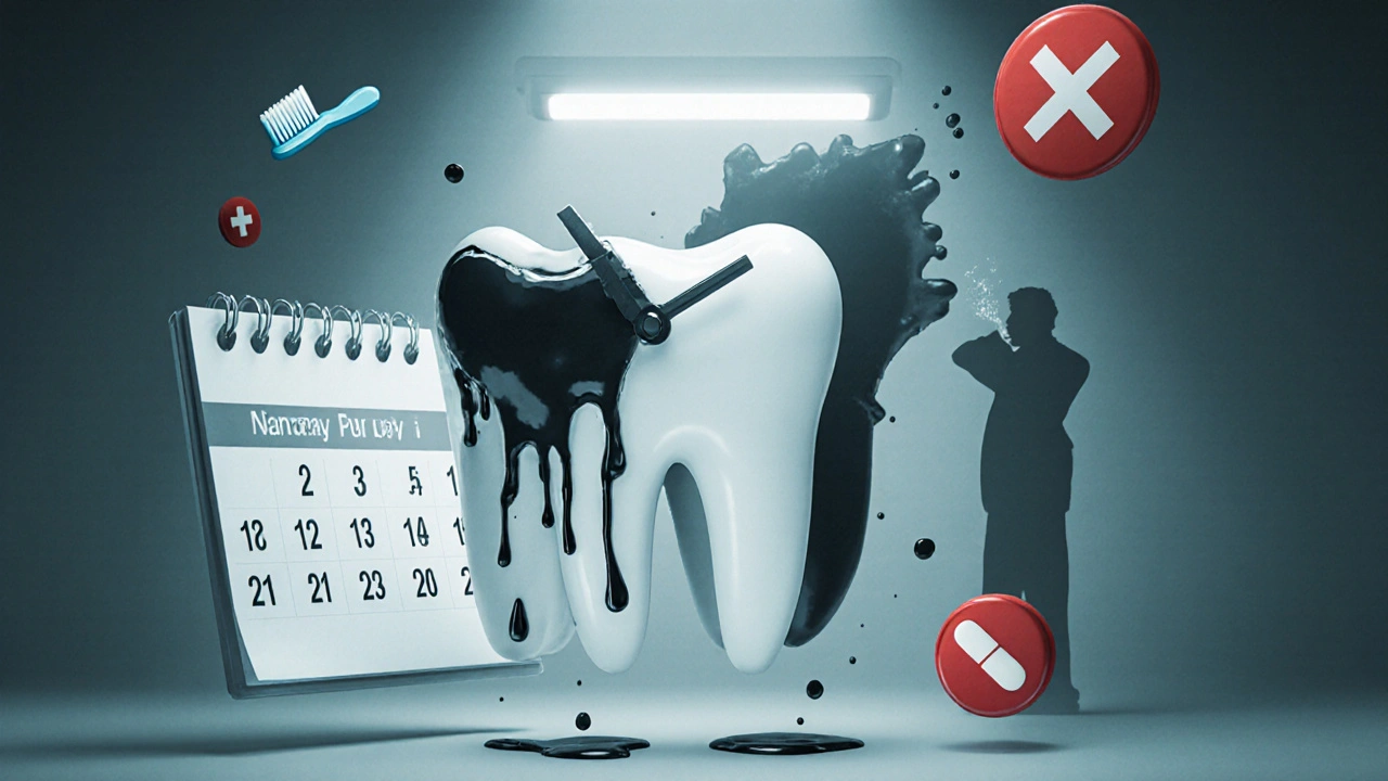 Hodiny s zuby místo čísel, z nichž kapá hnis, symbolizující zanedbávanou infekci.