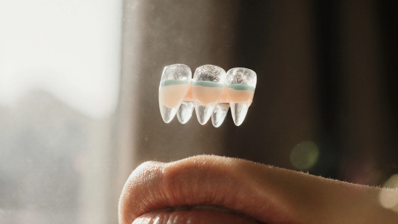 Keramická fazeta odrážející světlo nad ústy v úsměvu