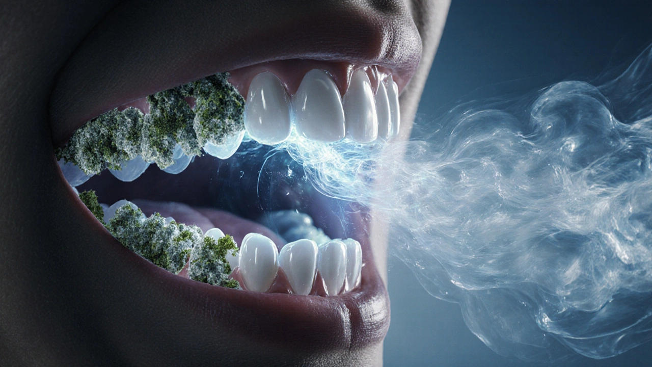 Koncepční obraz úst jako krajiny, kde proud vzduchu čistí kámen a odhaluje zdravé zuby.