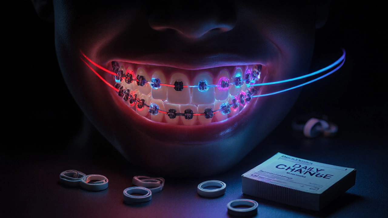 Koncepční obrázek svítících gumiček na rovnátkách jako síly opravující čelist.
