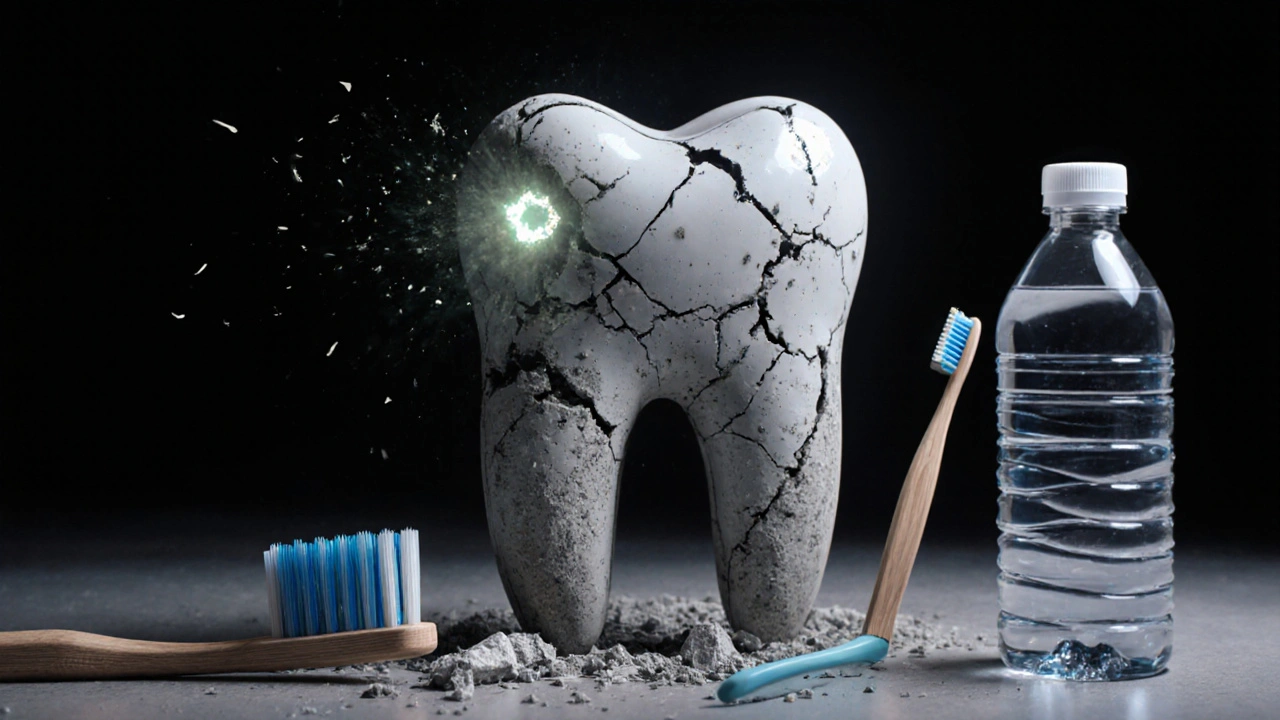 Konceptuální obraz poškozené skloviny s fluoridem jako znakem prevence