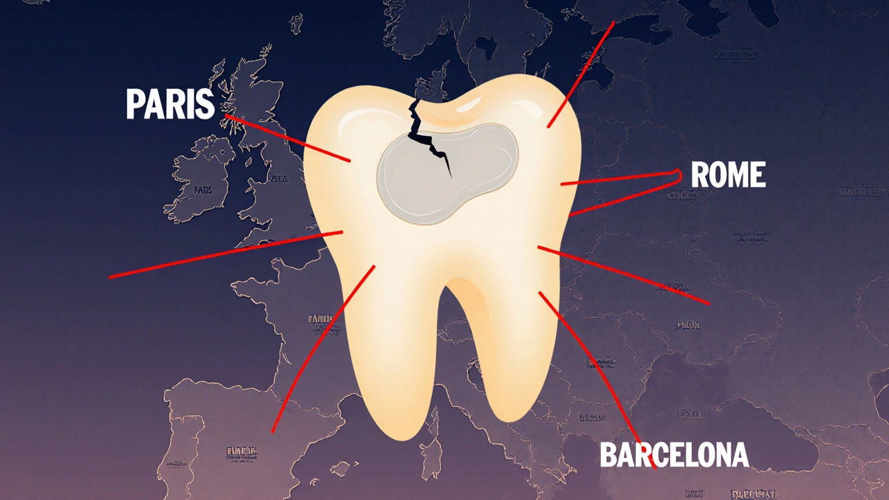 Křehký zub s voskovou záplatou nad mapou Evropy, symbolizující nouzovou potřebu zubní péče.