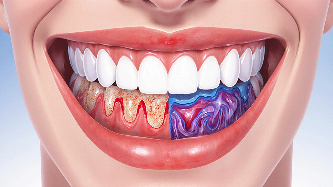 Křížový řez ústní dutiny s náznakem plaku, zubního kamene a zánětu dásní.