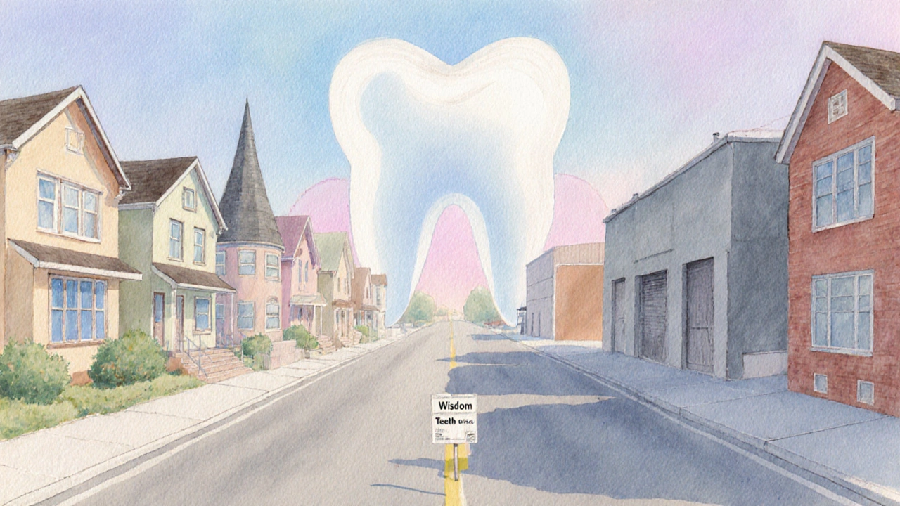 Metafora města jako ústní dutiny, kde domy představují různé typy zubů.