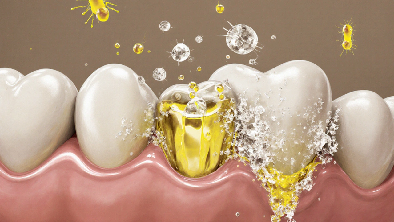 Mikroskopický pohled na bakterie a kyselinu ničící sklovinu dětského zubu.