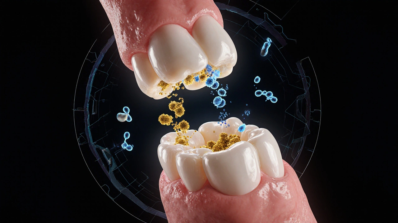 Mikroskopický pohled na bakterie a minerální obnovu zubního skloňování pomocí fluoridu a arginínu.