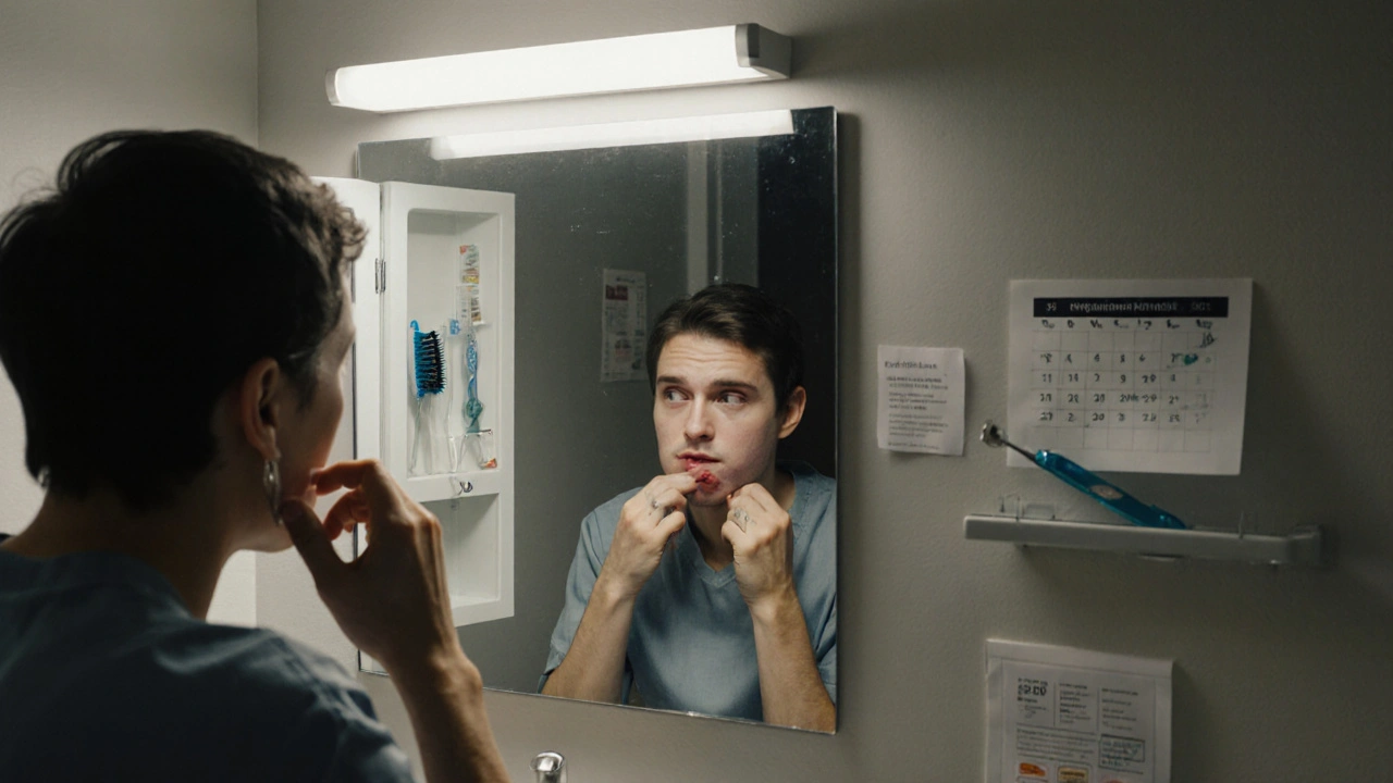 Muž se dívá do zrcadla a dotýká se zánětlivých dásní, vedle něj leží nevhodné domácí nástroje.