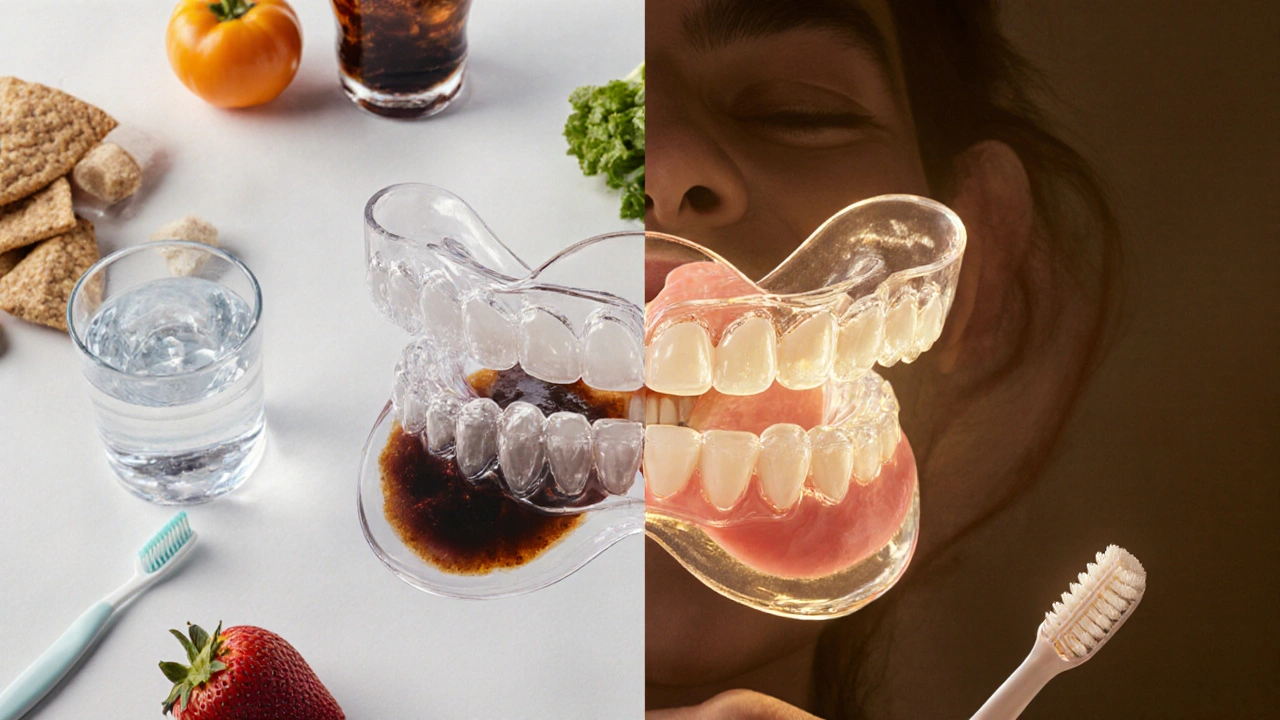 Neviditelná rovnátka nad rozdělenou scénou: škodlivé vs. zdravé stravování.