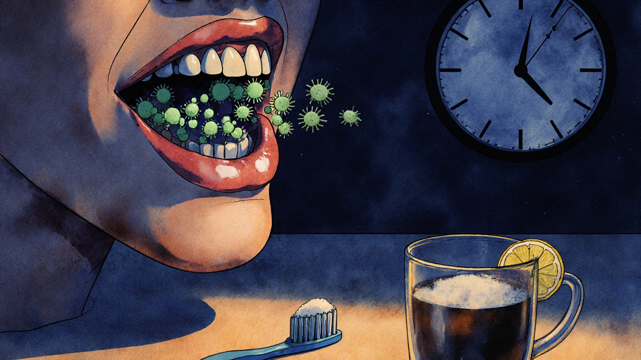 Noční scéna úst s množícími se bakteriemi a nevyčištěným kartáčkem vedle kávy s cukrem.