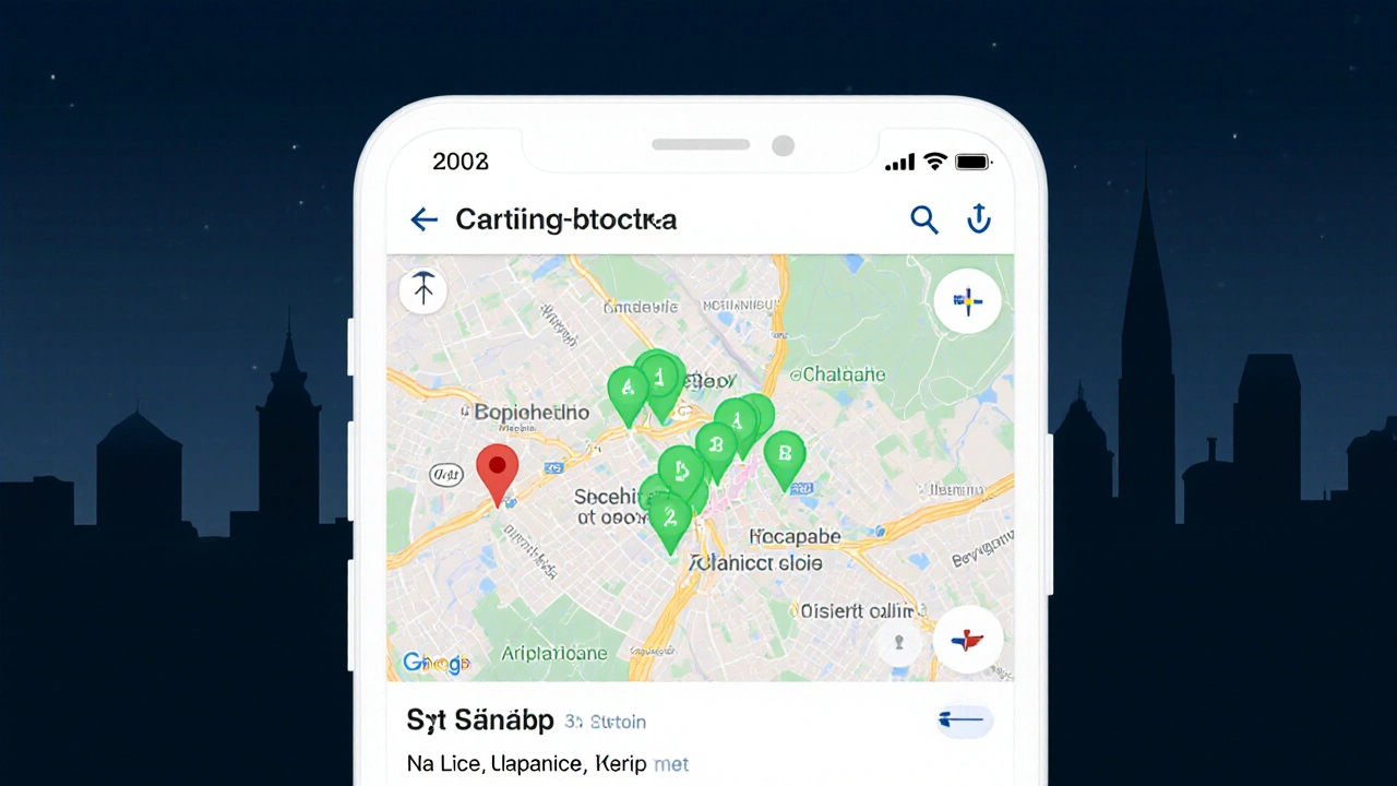 Obraz mobilní aplikace zobrazující otevřené zubní ordinace v reálném čase v Brně.