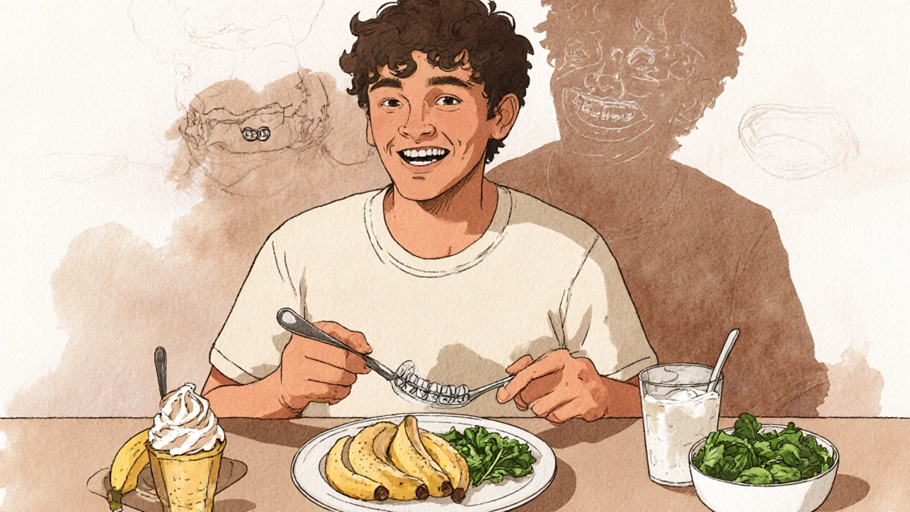 Osoba jí zdravé jídlo s neviditelnými rovnátky, zatímco kovové rovnátka zmizí v pozadí.