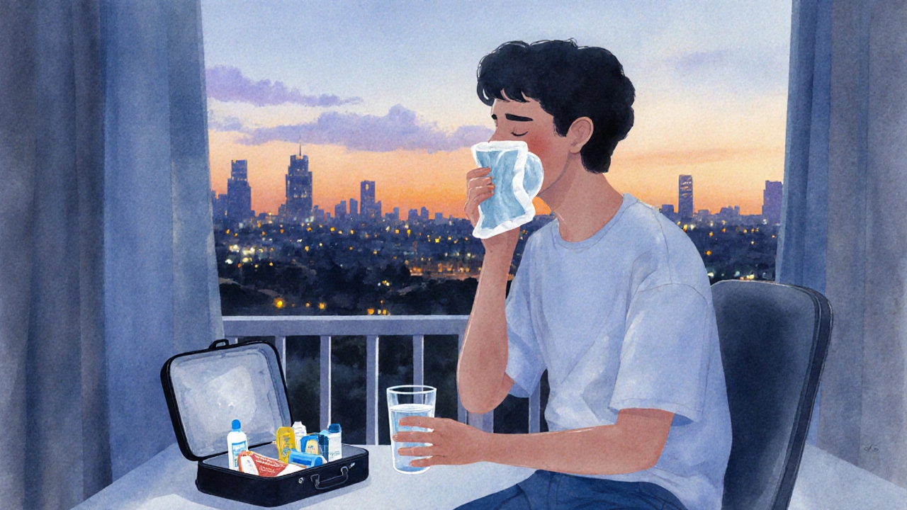 Osoba na balkóně s teplou vodou a studeným obkladem na tváři.