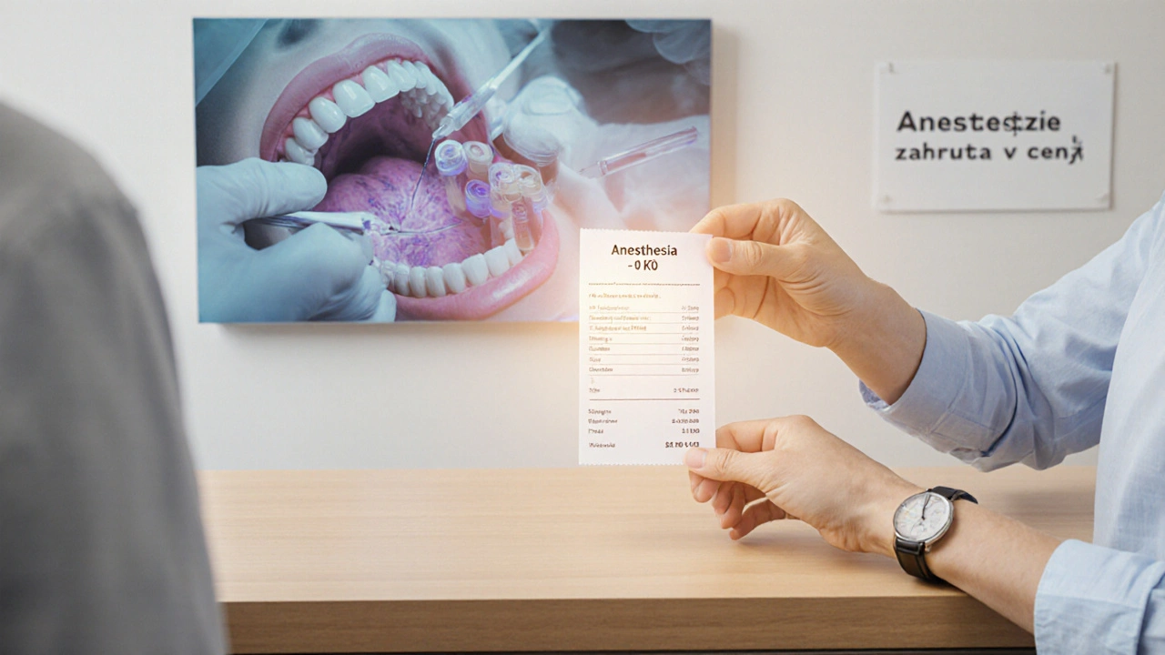 Pacient drží účet s nulovou cenou za anestezii, symbolizující bezplatnou léčbu v pojištění.