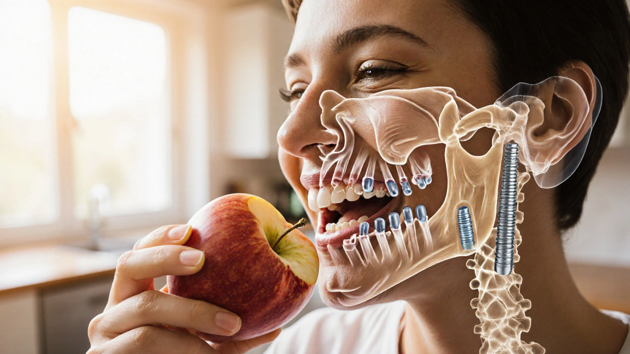 Patient smiling while eating an apple, with invisible dental implants supporting the jaw.