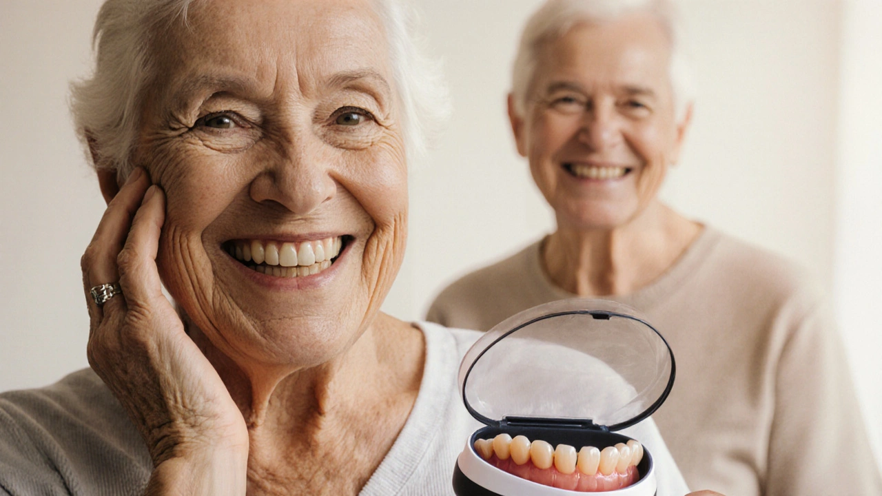 Pohled na starší osobu se zdravými náhradními zuby a výrazným kontrastem k opotřebovaným.