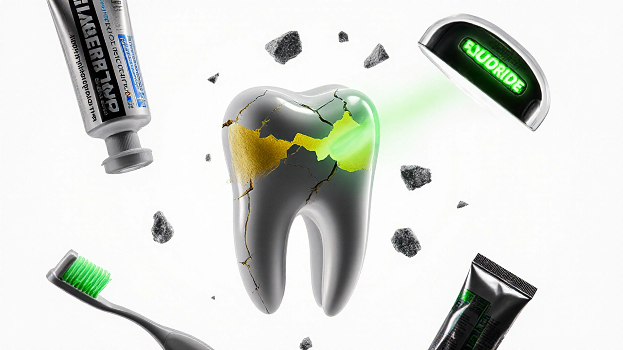 Poškozený zub s odhaleným dentinem, kolem něj praskliny plaku a nevhodné zubní pasty.