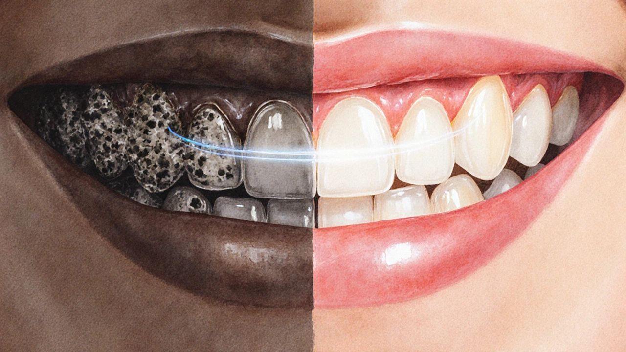 Před a po pískování: tmavý zubní kámen na levé straně, hladké a čisté zuby na pravé.