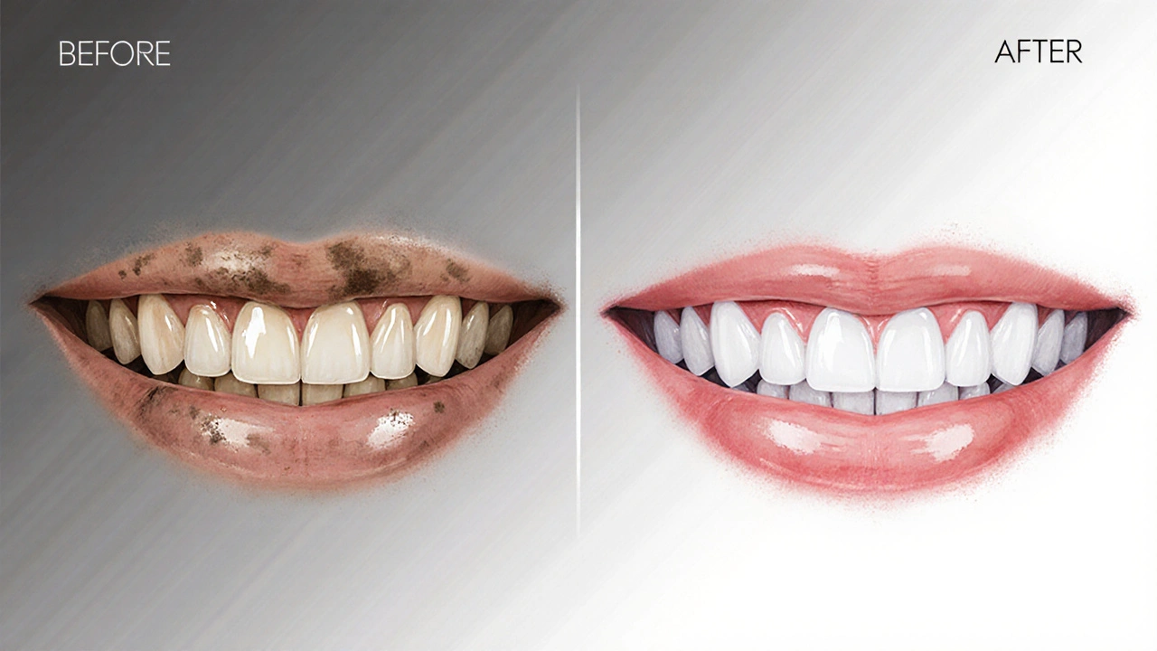 Před a po: šedé a žluté zuby se mění na bílé a dokonalé s keramickými fazetami.
