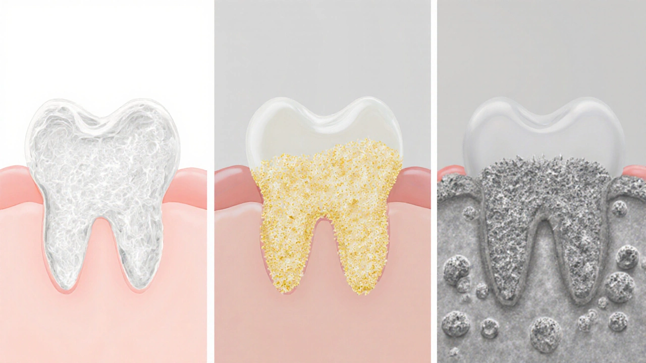 Přeměna zubního plaku na kámen v třech fázích.