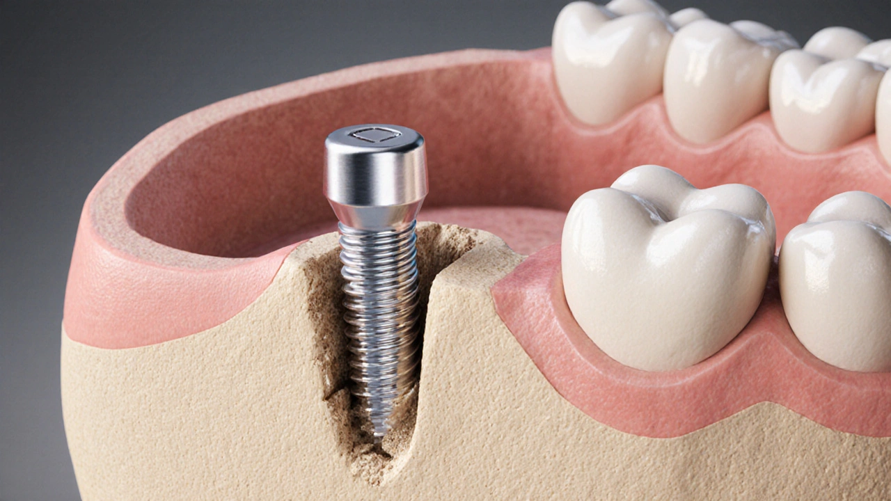 Příčný řez čelistí s implantátem a zdravou kostí vedle zaniklé kosti.