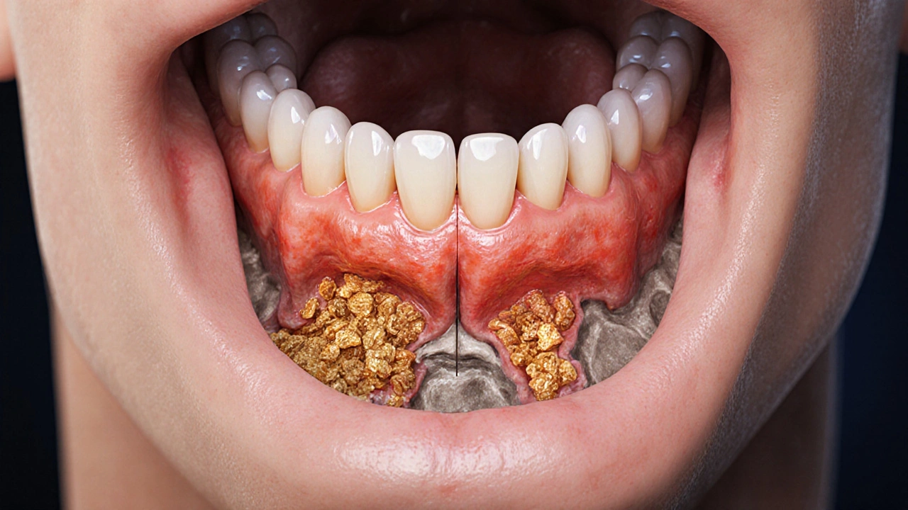 Příčný řez čelistí s ukrytým zubním kamenem a ničením kosti pod dásní.