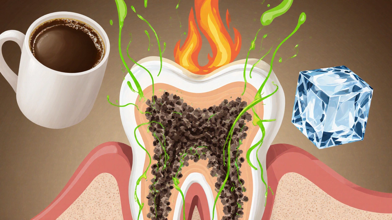 Příčný řez zubem s kyselinami pronikajícími pod plombu a tepelným roztažením