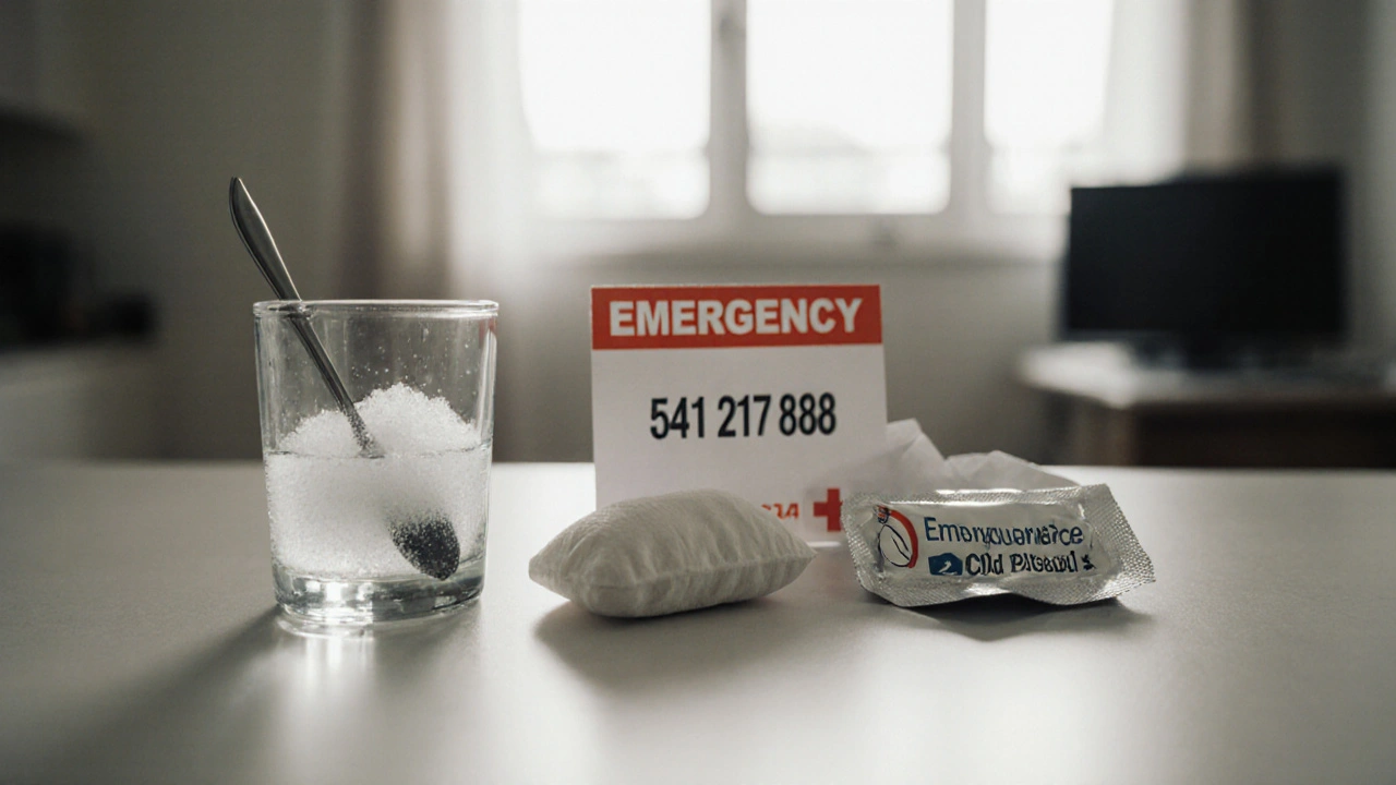 Příprava na zubní nouzi: slaná voda, chladný obklad a číslo pohotovosti na stole.