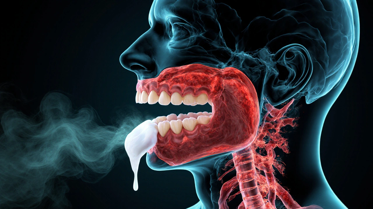 Průřez hlavy ukazující zubní absces s hnisem odkapávajícím do hrtanu.