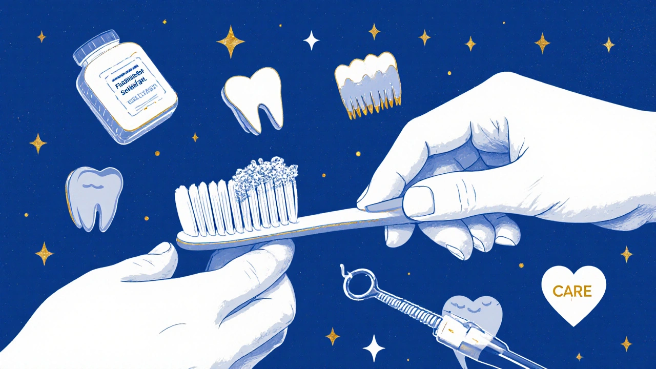 Ruka čistí zubní kámen, symbolizující prevenci a péči.